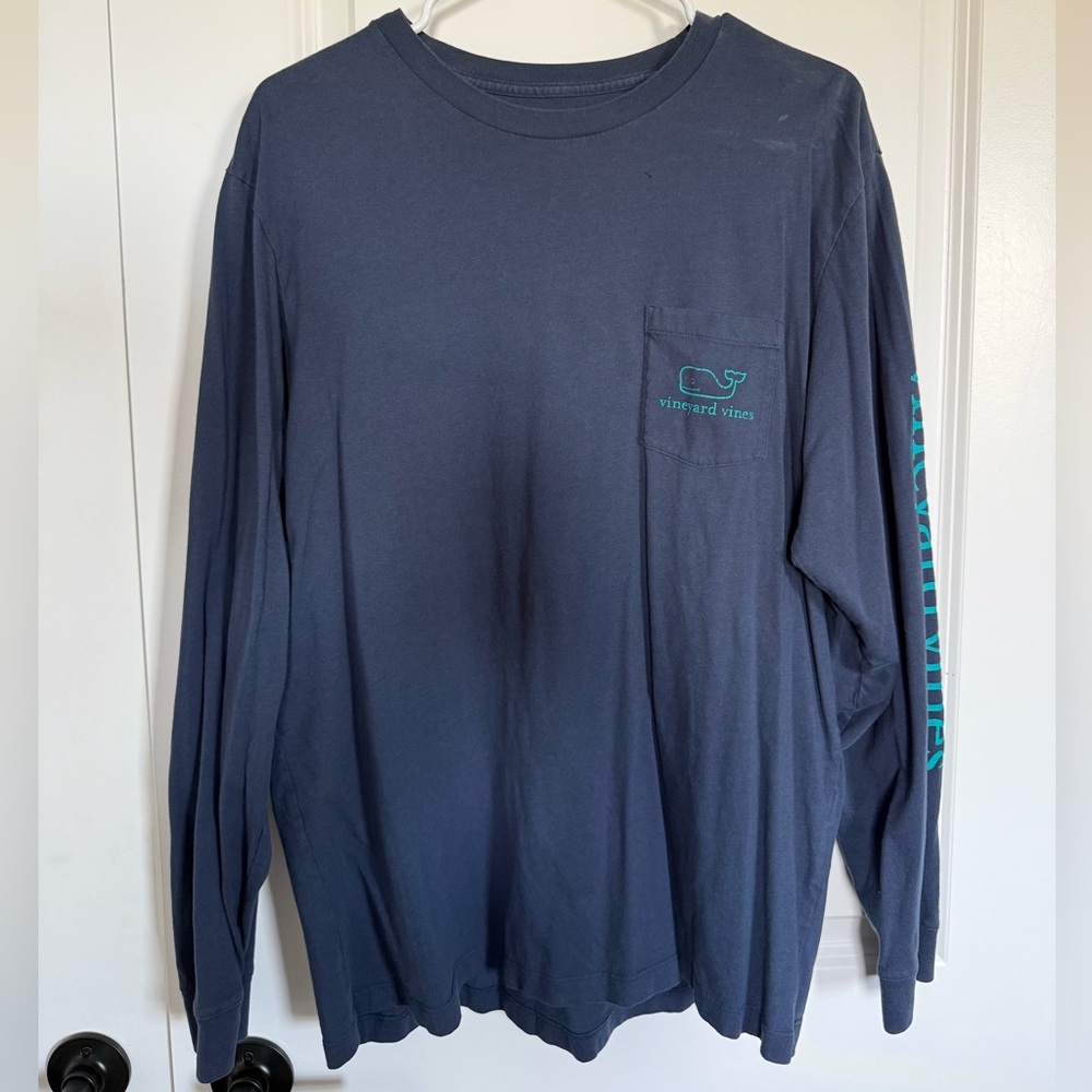 Vineyard Vines Navy Long-Sleeve Pocket Tee with Teal Whale